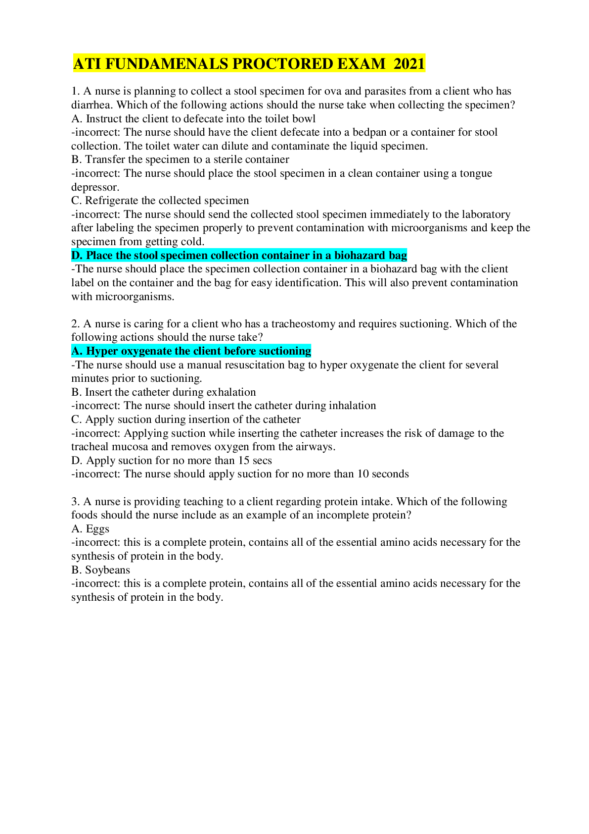 Preview image for ATI FUNDAMENTALS PROCTORED EXAM 2021